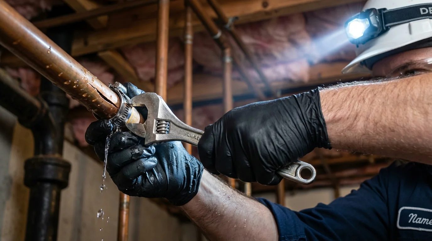 Emergency pipe clamp repair being performed by a Johns Plumbing LLC plumber in Southwick
