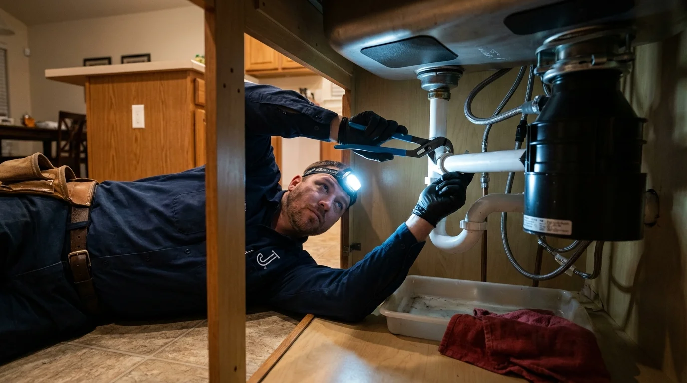 P-trap and supply line connections under a kitchen sink showing a common leak point in Southwick, MA